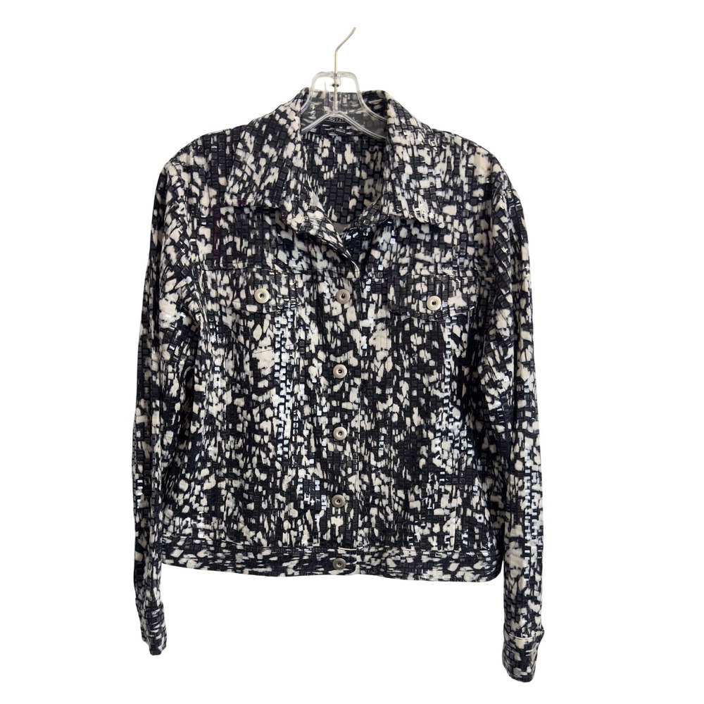 Notations Womens Black White Abstract Print Button Jacket‎ Size M Clear Sequin